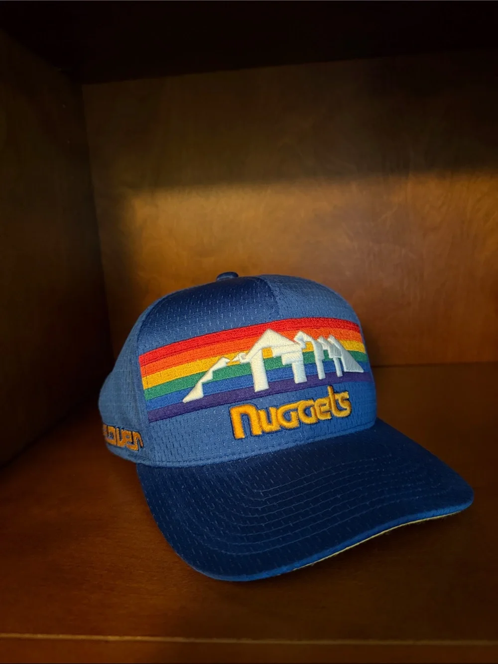 Mitchell & Ness Blue Snapback Hat with Yellow Embroidery and Red Strap